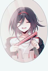  :d black_hair black_jacket bow closed_eyes commentary_request danganronpa_(series) danganronpa_v3:_killing_harmony facing_viewer female genderswap_(mtf) grey_background hair_straightener hairband hands_up holding jacket long_sleeves medium_hair off_shoulder oma_kokichi open_mouth qiao_xing red_bow red_hairband rule_63 shirt smile solo teeth upper_body upper_teeth_only white_shirt 