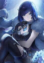  black_gloves black_hair blue_eyes bob_cut breasts cleavage cleavage_cutout closed_mouth clothing_cutout crossed_legs diagonal_bangs dice dress earrings female fur-trimmed_jacket fur_trim genshin_impact gloves highres jacket jacket_on_shoulders jewelry large_breasts looking_away mole mole_on_breast neck_ring pants short_hair sitting smile solo tassel vision_(genshin_impact) white_jacket yelan_(genshin_impact) yuiko_(yuiyuiko_108) 