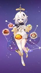  adventurer&#039;s_breakfast_sandwich_(genshin_impact) asymmetrical_legwear blue_eyes blush cape dress eggs_benedict female fish-flavored_toast_(genshin_impact) gameplay_mechanics genshin_impact golden_crab_(genshin_impact) hair_between_eyes halo highres jamgom lighter-than-air_pancake_(genshin_impact) looking_at_viewer open_mouth paimon_(genshin_impact) romper scarf short_hair sky star_(sky) star_(symbol) starry_background starry_sky sticky_honey_roast_(genshin_impact) uneven_legwear white_dress white_hair white_romper 