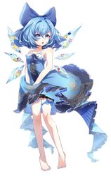  alternate_costume ametama_(runarunaruta5656) barefoot blue_bow blue_dress blue_eyes bow center_frills cirno commentary dress female food frilled_dress frills fruit full_body hairbow highres ice ice_wings lemon lime_(fruit) looking_at_viewer open_mouth orange_(fruit) short_hair simple_background sleeveless sleeveless_dress snowflake_print solo standing strawberry symbol-only_commentary touhou white_background wings 