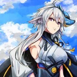  animal_ears azur_lane bare_shoulders breasts cloud cloudy_sky dashinoya day detached_sleeves ear_piercing female grey_hair hair_between_eyes long_hair mask mask_on_head metal_belt piercing purple_eyes sky solo tosa_(azur_lane) upper_body wide_sleeves 