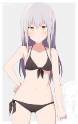  2girls absurdres bang_dream! bare_legs bare_shoulders bikini black_bikini blush border breasts closed_mouth cowboy_shot front-tie_bikini_top front-tie_top grey_background grey_hair halterneck hand_on_own_hip highres hikawa_sayo kai3700 long_hair looking_at_viewer lowleg lowleg_bikini minato_yukina multiple_girls navel orange_eyes shadow side-tie_bikini_bottom sidelocks skindentation small_breasts smile smug solo_focus standing stomach swimsuit thighs twitter_username white_border 