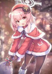  black_gloves black_pantyhose blue_archive christmas female gloves halo handbell hat highres matsu520 official_alternate_costume pantyhose pink_eyes pink_hair santa_costume santa_hat serina_(blue_archive) serina_(christmas)_(blue_archive) solo 