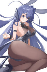  absurdly_long_hair absurdres animal_ears ass azur_lane bad_id bad_pixiv_id bare_shoulders black_footwear black_leotard black_necktie bodystocking breasts cleavage commentary fake_animal_ears female high_heels highres large_breasts leotard long_hair looking_at_viewer necktie new_jersey_(azur_lane) new_jersey_(exhilarating_steps!)_(azur_lane) official_alternate_costume oversized_breast_cup pantyhose playboy_bunny purple_eyes purple_hair rabbit_ears raeis see-through see-through_cleavage simple_background solo stiletto_heels thighs very_long_hair white_background wrist_cuffs 