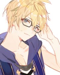  1boy blonde_hair blue_eyes commentary_request glasses head_tilt hood hood_down johan_talede johan_talede_(light) korean_commentary kuzuvine looking_at_viewer lord_of_heroes male_focus pale_skin sleeveless solo 