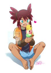  1boy :q barefoot black_shirt blue_shorts blush commentary_request dated feet food full_body green_eyes hair_between_eyes heart highres holding ice_cream interlocked_fingers jacket knees koko_(pokemon) looking_at_object male_focus nanaura_narina open_clothes open_jacket orange_jacket own_hands_together pokemon pokemon_(anime) pokemon_the_movie:_secrets_of_the_jungle red_hair shirt shorts signature sitting solo spread_legs tied_hair toes tongue tongue_out watermark 