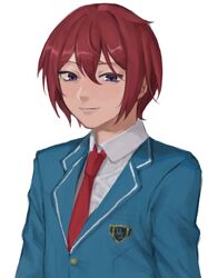  1boy bad_id bad_twitter_id blue_jacket breast_pocket closed_mouth collared_shirt commentary_request emblem ensemble_stars! hair_between_eyes highres jacket kondate_(inugrm) lapels long_sleeves looking_at_viewer male_focus necktie pocket purple_eyes red_hair red_necktie school_uniform shirt short_hair simple_background smile solo suou_tsukasa upper_body white_background white_shirt 