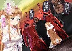  3boys animankan arm_under_breasts armor ass asuna_(sao) asuna_(stacia) bare_shoulders breastplate breasts brown_eyes brown_hair character_request cleavage commentary_request dress facial_tattoo female full_armor gauntlets hair_ornament heart helmet highres imminent_rape knight large_breasts long_hair multiple_boys multiple_views netorare open_mouth poh_(sao) red_armor red_headwear red_knight_(sao) red_sky red_theme shiny_skin shoulder_armor sitting sky speech_bubble straight sword_art_online sword_art_online:_alicization sword_art_online:_alicization_-_war_of_underworld tattoo translation_request vassago_casals_(sao) very_long_hair white_dress 