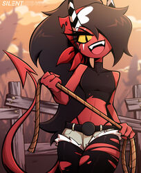  1girl belt black_hair black_pupils black_top black_topwear demon demon_girl demon_horns demon_tail female female_only helluva_boss imp looking_at_viewer open_mouth red_body red_headwear red_skin ripped_leggings rope sallie_may_(helluva_boss) sharp_teeth short_shorts silentzound solo striped_horn tagme vivziepop yellow_eyes 