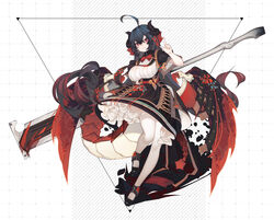  ahoge black_dress black_footwear black_hair black_horns blood blood_on_weapon bow bowtie breasts cross-laced_clothes cross-laced_dress dragon_girl dragon_horns dragon_tail dragon_wings dress female full_body gradient_hair hand_up highres horns index_finger_raised large_breasts large_tail layered_dress long_hair looking_at_viewer low_wings multicolored_hair original pantyhose petticoat rain_lan red_bow red_bowtie red_eyes red_hair red_wings short_sleeves slit_pupils solo tail turtleneck two-tone_hair very_long_hair weapon weapon_on_back weapon_request white_background white_pantyhose wide_sleeves wings 