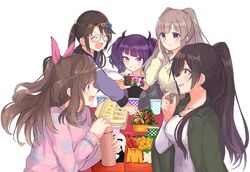  5girls bento black_hair brown_eyes brown_hair chewing closed_eyes closed_mouth cup diagonal_bangs earrings eating food glasses hair_ornament hair_ribbon hairclip hanetsuka highres idolmaster idolmaster_shiny_colors jacket jacket_on_shoulders jewelry l&#039;antica_(idolmaster) long_hair mitsumine_yuika multiple_girls necklace open_mouth ponytail purple_hair ribbon shirase_sakuya short_twintails sidelocks sweater swept_bangs table taking_picture tanaka_mamimi thermos tsukioka_kogane twintails two_side_up yellow_eyes yukoku_kiriko 