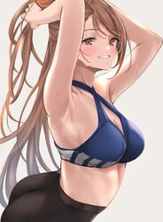  absurdres armpits arms_behind_head arms_up ass bare_shoulders beatrix_(granblue_fantasy) black_pants blue_sports_bra blush breasts brown_eyes brown_hair cleavage commentary female granblue_fantasy grin highres large_breasts leggings long_hair looking_at_viewer pants ponytail renzu_(lens_02) simple_background smile solo sports_bra sportswear sweat swept_bangs tight_clothes tight_pants tying_hair underwear yoga_pants 