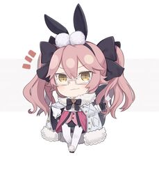  :3 animal_ears black_bow black_gloves black_hairband blush bow brown_eyes brown_hair chibi cloak closed_mouth commentary_request elbow_on_own_hip fake_animal_ears fate/grand_order fate_(series) female full_body fur-trimmed_cloak fur_trim glasses gloves grey_background hair_between_eyes hairband hairbow hand_on_own_hip koyanskaya_(assassin)_(second_ascension)_(fate) koyanskaya_(fate) long_hair long_sleeves looking_at_viewer notice_lines pantyhose pink_hair pointing pointing_to_the_side rabbit_ears rectangular_eyewear shirt simple_background slit_pupils smile smug solo sparkle tamamo_(fate) totatokeke twintails two-tone_background v-shaped_eyebrows very_long_hair white-framed_eyewear white_background white_pantyhose white_shirt 