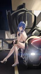  absurdres ankleband azur_lane back backless_dress backless_outfit bag bloom blue_hair breasts building butterfly_doors car chinese_commentary commentary dress evening_gown female gullwing_doors handbag high_heels highres large_breasts legs lens_flare long_hair looking_at_viewer mclaren mclaren_p1 motor_vehicle official_alternate_costume outdoors product_placement revealing_clothes sandals side_ponytail sideboob sitting solo sports_car st._louis_(azur_lane) st._louis_(luxurious_wheels)_(azur_lane) strappy_heels swept_bangs underboob wuzhihuijia 