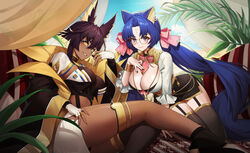  2girls animal_ears bad_id bad_pixiv_id bastet_(echocalypse) black-framed_eyewear black_coat black_footwear black_hair black_skirt black_thighhighs blonde_hair blue_hair blue_nails bracelet breasts cat_ears cleavage closed_mouth coat colored_inner_hair dark-skinned_female dark_skin ear_piercing echocalypse fingernails forehead_tattoo glasses gold_trim grey_eyes hair_ribbon horus_(echocalypse) jewelry large_breasts long_fingernails long_hair looking_at_viewer medium_hair mingoo multicolored_hair multiple_girls nail_polish open_clothes open_coat open_mouth parted_bangs piercing plant red_ribbon ribbon shirt side_slit sidelocks single_thighhigh skirt smile teeth thighhighs thighlet twintails very_long_hair white_shirt white_skirt yellow_eyes yellow_nails 