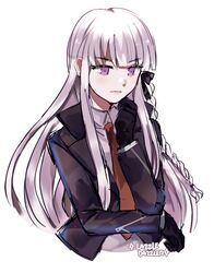  artist_name black_gloves black_jacket black_ribbon blunt_bangs braid collared_shirt commentary commission danganronpa:_trigger_happy_havoc danganronpa_(series) english_commentary female gloves hair_ribbon highres jacket kirigiri_kyoko long_hair long_sleeves looking_down necktie open_clothes open_jacket pomme_(lazzledazzle) purple_eyes ribbon second-party_source shirt side_braid simple_background single_braid solo thinking upper_body white_background white_hair 