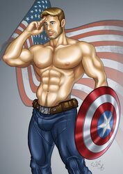  2015 actor american_flag asmodis_(artist) bulge captain_america captain_america&#039;s_shield captain_america_(series) celebrity chris_evans human human_only in_character jeans male male_only marvel marvel_cinematic_universe muscular muscular_male saluting shield shirtless_male steve_rogers 