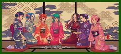  6+girls alternate_costume aqua_hair artist_name asa_no_ha_(pattern) bell black_eyes black_hair black_kimono blue_hair blue_kimono boa_hancock border breasts card_game chrysanthemum closed_mouth cloud_print commentary curly_eyebrows cushion dahlia english_commentary eyebrows eyelashes floral_print flower forehead full_body glasses hair_flower hair_ornament hand_in_own_hair highres iroha_karuta japanese_clothes k164 karuta_(card_game) kimono kneeling kouhaku_nawa kouzuki_hiyori lips long_hair looking_down medium_breasts multiple_girls nami_(one_piece) nefertari_vivi nico_robin obi one_piece orange_hair orange_kimono parted_bangs pink_hair pink_kimono pom_pom_(clothes) ponytail purple_kimono red-framed_eyewear red_kimono rope sash scale_print seigaiha seiza shimenawa short_hair sitting smile socks straight_hair tashigi tassel tatami tied_hair vinsmoke_reiju white_footwear yokozuwari 