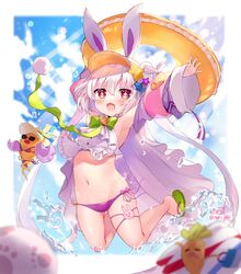  +_+ :d animal_ears armpits arms_up bikini blush commentary_request female flower_knight_girl highres innertube jumping long_hair long_sleeves looking_at_viewer navel piyoyanagi pom_pom_(clothes) purple_bikini rabbit_ears red_eyes sandals signature sky smile solo swim_ring swimsuit twintails twitter_username usagigoke_(flower_knight_girl) visor_cap water white_hair 