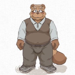  1:1 2020 anthro belly bottomwear brown_body brown_fur bulge canid canine clothed clothing eyewear fully_clothed fur glasses humanoid_hands kemono low_res male mammal ojijinotete overweight overweight_anthro overweight_male pants raccoon_dog shirt simple_background solo tanuki topwear white_background 