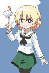  alternate_costume balancing balancing_on_finger black_neckerchief black_pantyhose blonde_hair blouse blue_background blue_eyes braid braided_bun bright_pupils closed_mouth commentary cowboy_shot cup darjeeling_(girls_und_panzer) female girls_und_panzer green_skirt hair_bun highres holding holding_cup index_finger_raised long_sleeves looking_at_viewer miniskirt neckerchief ooarai_school_uniform pantyhose pleated_skirt ponzu_rui sailor_collar school_uniform serafuku shirt short_hair skirt smile solo standing tea teacup twin_braids white_pupils white_sailor_collar white_shirt 