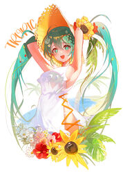  :d absurdres aqua_eyes aqua_hair armpits arms_up beach breasts commentary daisy dress female flower hair_flower hair_ornament hat hatsune_miku hibiscus highres large_breasts leaf_hair_ornament long_hair looking_at_viewer open_mouth palm_tree panties philodendron red_flower sand sideboob sideless_outfit sidelocks sleeveless sleeveless_dress smile solo soyoong_jun straw_hat sun_hat sundress sunflower symbol-only_commentary tree twintails underwear very_long_hair vocaloid white_flower white_panties yellow_flower yellow_hat 