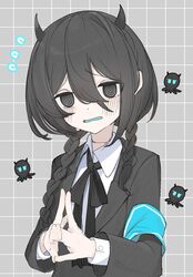  @_@ armband black_eyes black_hair black_jacket blush braid collared_shirt female flying_sweatdrops hair_between_eyes highres horns indie_virtual_youtuber jacket long_hair long_sleeves looking_at_viewer neck_ribbon osakanaaaaaa own_hands_together parted_lips ribbon shirt simple_background solo steepled_fingers stitched_neck stitches twin_braids upper_body virtual_youtuber white_shirt yamata_ia 