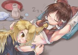  2girls absurdres alcohol armpits black_jacket blonde_hair blush bottle breasts brown_hair commentary_request cup detached_sleeves drunk eyes_visible_through_hair hair_between_eyes hakurei_reimu head_on_another&#039;s_stomach highres jacket kirisame_marisa kitsune_kemono long_hair medium_hair multiple_girls necktie one_eye_closed open_mouth pillow red_shirt sakazuki sake sake_bottle shirt sleeping small_breasts touhou underboob upper_body white_shirt white_sleeves yellow_eyes yellow_necktie yuri zzz 