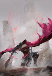  1boy armor armored_boots beard boots cape chipped_sword dark_souls_(series) dark_souls_iii facial_hair floating_cape full_armor gauntlets highres holding holding_sword holding_weapon hood hood_up male_focus miso_katsu on_one_knee outdoors red_cape slave_knight_gael solo sword weapon 