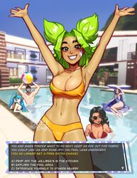  1boy 4girls arms_up ball bandaid bandaid_on_face bare_shoulders beachball blush blushyspicy breasts closed_eyes collarbone english_text eyepatch grin highres kai&#039;sa large_breasts league_of_legends long_hair multiple_girls navel one-piece_swimsuit pool samira shen_(league_of_legends) shiny_skin short_hair signature skindentation smile sona_(league_of_legends) stomach swimsuit tan teeth twintails water zeri_(league_of_legends) 