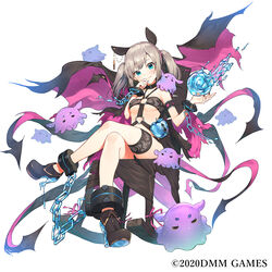  animal_ears apple armlet black_footwear black_nails blue_eyes blush breasts broken broken_chain cape chains chair choker cleavage closed_mouth commentary_request creature creature_on_shoulder crossed_legs crystal crystal_apple cuffs dripping female fingernails floating food fruit gemini_seed grey_hair high_heels highres ice kotoribako lulu_(gemini_seed) medium_hair o-ring official_art on_shoulder rocking_chair shackles simple_background sitting smile thigh_strap torn torn_cape torn_clothes transparent twintails water white_background 