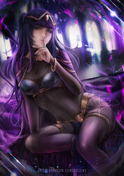  alexandra_mae artist_logo artist_name bangs banned_artist black_hair blunt_bangs bodystocking bracelet breasts covered_navel eyelashes female finger_to_mouth fire_emblem fire_emblem_awakening glint highres index_finger_raised indoors jewelry lips long_hair medium_breasts nail_polish patreon_username pelvic_curtain pillar purple_eyes purple_nails signature sitting skin_tight solo tharja_(fire_emblem) thighlet tiara twintails 