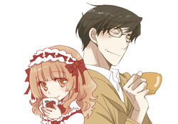  1boy black_hair blunt_bangs bow brown_eyes brown_hair closed_eyes cup curly_hair female glasses hair_ornament hairband holding kinoshita_sakura koisuru_ojou-sama_wa_papa_to_yobitakunai lolicon lolita_fashion lolita_hairband long_hair puffy_short_sleeves puffy_sleeves sakaki_karen short_hair short_sleeves smile sweet_lolita yahiro_masamune 