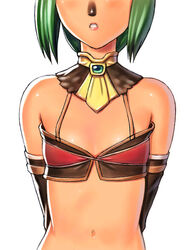  animal_nose arms_behind_back bare_shoulders breasts cleavage female final_fantasy final_fantasy_xi green_hair head_out_of_frame mithra_(ff11) navel parted_lips pink_lips short_hair simple_background small_breasts solo straight-on taisai_soft white_background 