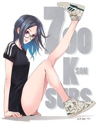  adidas artist_name black_hair blue_eyes commentary_request dated female from_side full_body glasses highres kivo kson kson_(person) leg_up looking_at_viewer milestone_celebration purple_eyes real_life shirt shoes signature sitting smile sneakers solo t-shirt 