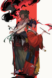  2girls arknights bandaged_arm bandages blue_hair breasts ch&#039;en_(arknights) chest_sarashi cleavage clothes_around_waist commentary dragon_horns dress fingernails flower full_body green_eyes green_hair hair_between_eyes hair_bun hair_flower hair_fruit hair_ornament hand_on_hilt highres holding holding_smoking_pipe holding_sword holding_weapon horns hoshiguma_(arknights) katana long_hair looking_at_viewer medium_breasts multiple_girls narakuuu off_shoulder ponytail red_dress sarashi shirt shirt_around_waist single_hair_bun single_horn skin-covered_horns smoking_pipe standing sword symbol-only_commentary weapon 