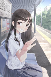  12_graka bench black_hair black_skirt blush brown_eyes building commentary day female hand_up highres long_hair original outdoors power_lines school_uniform shirt short_sleeves sitting skirt smile solo tactile_paving train_station uniform white_shirt 