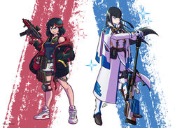  2girls adapted_costume black_hair black_jacket blue_eyes blunt_bangs breasts capelet commission english_commentary frown gun hand_in_pocket highres holding holding_gun holding_weapon jacket junketsu kill_la_kill kiryuuin_satsuki long_hair looking_ahead looking_at_viewer matoi_ryuuko multicolored_hair multiple_girls off_shoulder parted_lips peyton_gee puma_(brand) red_hair rifle senketsu shoes short_hair siblings sig_mpx sig_sauer sisters small_breasts sneakers sniper_rifle streaked_hair submachine_gun weapon white_capelet 