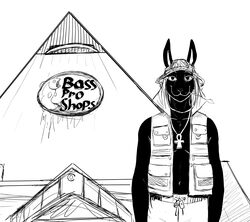  2020 ankh_necklace anthro anubian_jackal anubis bass_pro_shops black_and_white building canid canine canis clothing deity egyptian_mythology fish fishing_hat hi_res hladilnik humor jackal looking_at_viewer male mammal marine memphis_pyramid middle_eastern_mythology monochrome mythology pyramid smile solo straw_in_mouth text topwear vest 