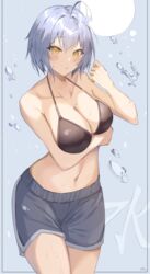  absurdres ahoge arm_under_breasts bare_shoulders bikini bikini_top_only black_bikini blue_hair blue_shorts blush breasts cleavage collarbone cowboy_shot female hand_up highres large_breasts looking_at_viewer navel original parted_lips schuld short_hair shorts simple_background solo stomach swimsuit water yellow_eyes 