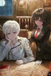  2girls ahoge androgynous black_suit blood bookshelf brown_hair clenched_hand copyright_request cover cover_page formal gloves grey_eyes highres korean_commentary lamp medal medium_hair moon multiple_girls necktie novel_cover official_art papers red_necktie short_hair sidelocks sonchi suit uniform white_gloves window 