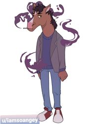  bojack_horseman bojack_horseman_(character) bottomwear brown_hair cigarette clothing equid equine footwear hair hi_res horse humanoid jacket male mammal netflix pants sad shoes solo sweater topwear 