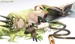  armor armored_dress backless_outfit bare_shoulders black_dress black_gloves blonde_hair check_commentary chinese_commentary commentary_request curly_hair dress female full_body ginklaga gloves green_eyes green_hair grin hair_between_eyes hair_spread_out hands_up headpiece honkai_(series) honkai_impact_3rd long_hair looking_at_viewer lying mobius_(honkai_impact) on_side see-through signature simple_background slit_pupils smile solo very_long_hair white_background wide_sleeves yellow_eyes 