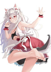  \||/ absurdres animal_ear_fluff animal_ears azur_lane ban_tang barefoot bow breasts feet female foot_focus foreshortening from_behind hairbow highres large_breasts leg_up long_hair looking_at_viewer looking_back official_alternate_costume red_eyes red_skirt simple_background skirt soles solo tail toes white_background white_bow white_hair wrist_cuffs yuudachi_(azur_lane) yuudachi_(carnivore_carnival!)_(azur_lane) 