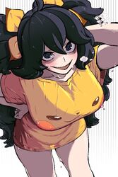  :d @_@ alternate_breast_size alternate_costume black_hair breasts character_print collarbone commentary female flying_sweatdrops grey_eyes hair_between_eyes hair_ribbon hand_on_own_hip hand_up hex_maniac_(pokemon) kingbawoon long_hair open_mouth pikachu pokemon pokemon_xy ribbon shirt short_sleeves smile solo sweat t-shirt yellow_ribbon yellow_shirt 