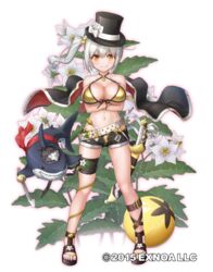  belt bikini black_cape black_footwear black_hat bow breasts cape card cleavage closed_mouth crossed_arms female flower flower_knight_girl full_body gold_bikini hat hat_bow large_breasts legs_apart looking_at_viewer nakaishow name_connection navel object_namesake official_art orange_eyes playing_card sandals scabbard shark sheath shiny_skin simple_background smile solo standing swimsuit sword thighlet top_hat two-sided_cape two-sided_fabric warunasubi_(flower_knight_girl) weapon white_background white_belt white_bow 