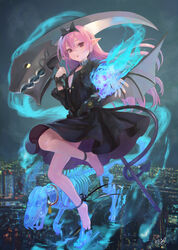  :o animal anklet bare_legs barefoot black_bow black_dress black_hairband blue_fire bow bow_hairband breasts brown_eyes building canine city city_lights clenched_hand demon_tail dress fantasy female fire flaming_skull floating hair_between_eyes hairband hairbow hand_up highres holding holding_scythe holding_weapon jewelry long_hair looking_at_viewer magic mizore_akihiro night original outdoors parted_lips pink_hair pointy_ears scythe signature skull small_breasts solo spirit tail toes weapon wings 