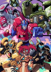  5boys absurdres assault_visor autobot blue_eyes bulkhead bumblebee_(transformers) clenched_hands drill english_commentary female glowing glowing_eyes hand_on_own_hip highres lextodrawstuff mecha multiple_boys open_hand optimus_prime optimus_prime_(animated) pointing prowl_(transformers) ratchet_(transformers) red_hair robot sari_sumdac science_fiction short_hair traditional_media transformers transformers_animated twintails v-fin 