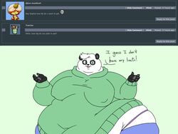  2018 4:3 5_fingers anthro ask_blog batspid2 bear belly big_belly big_breasts biped black_body black_fur black_nose blue_clothing bottomwear breasts claws clothing dialogue digital_drawing_(artwork) digital_media_(artwork) double_chin english_text exclamation_point eyebrows eyelashes female fingers flat_colors fur giant_panda green_background green_clothing green_eyes hair hoodie huge_belly hyper_hips love_handle mammal morbidly_obese morbidly_obese_anthro morbidly_obese_female multicolored_body multicolored_fur navel nipple_outline obese obese_anthro obese_female overweight overweight_anthro overweight_female panties pawpads pink_clothing raised_eyebrow simple_background sofia_(batspid2) solo text tight_clothing topwear two_tone_body two_tone_fur underwear white_body white_fur white_hair 