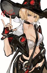  2023 belt black_gloves black_nails black_thighhighs blonde_hair bob_cut breasts choker cleavage collarbone crop_top dated female found_modori glasses gloves guilty_gear guilty_gear_strive hand_gesture hat highres i-no large_breasts midriff mole mole_above_mouth mole_under_eye nail_polish navel one_eye_closed simple_background sitting solo standing stomach thighhighs thighs white_background witch_hat 